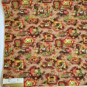 Vtg Colonial Americana Stage Coach Carriage Horses Upholstery Fabric Brown Red